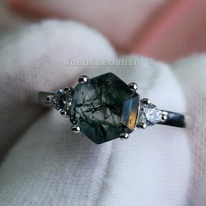Natural Moss Agate Diamond Ring In Sterling Silver